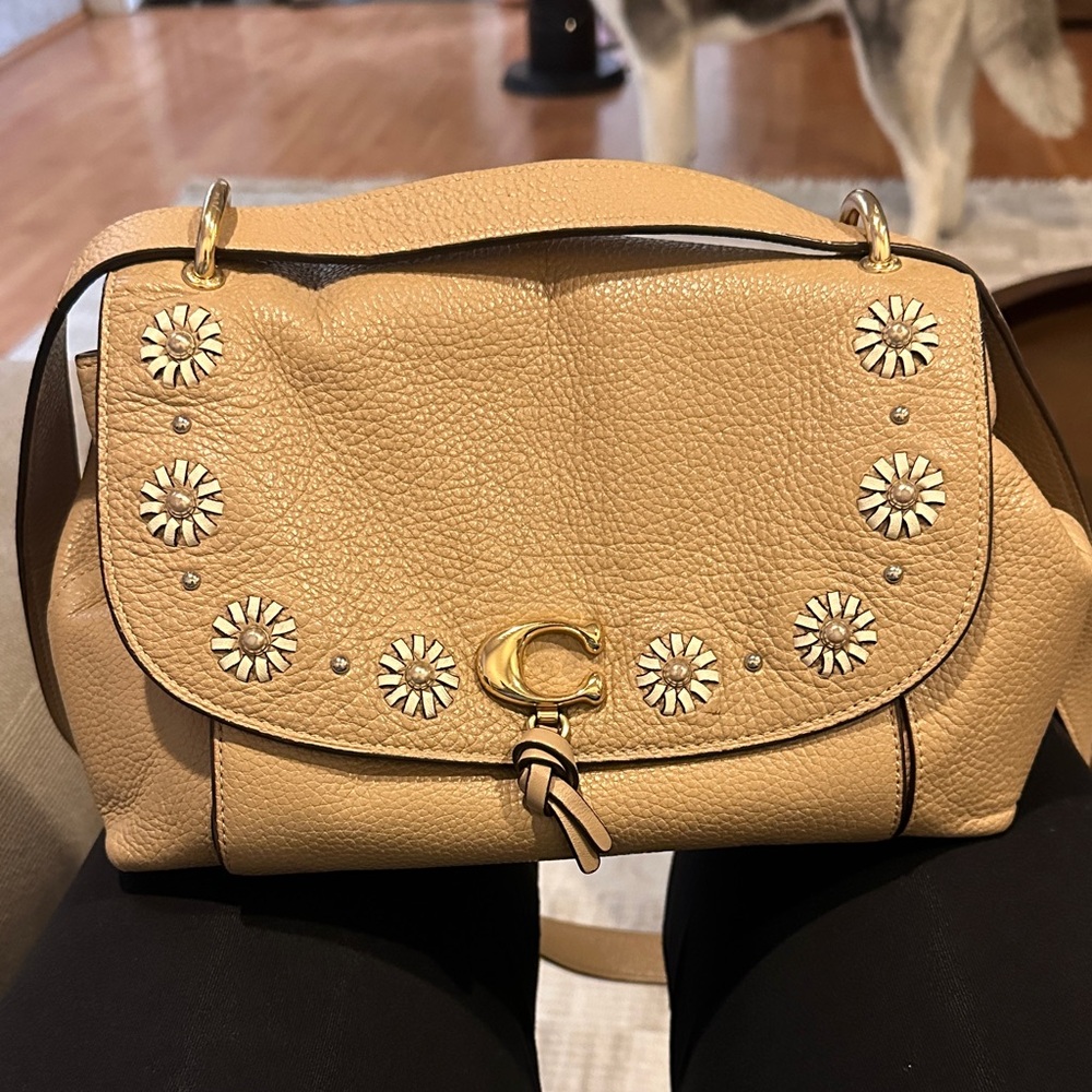 Coach Tan Pebbled Leather Daisy-Stud Crossbody Bag with Gold Hardware